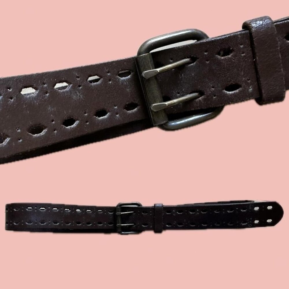 Authentic vintage leather belt with double prong metal buckle